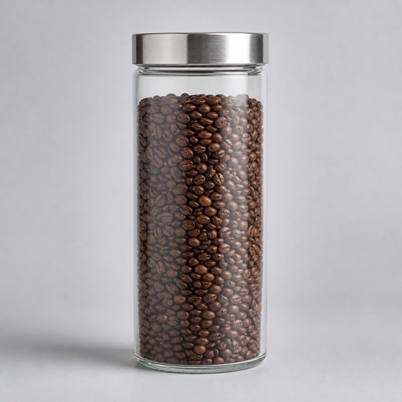 Tall glass storage jar with a brushed steel lid, filled with roasted beans