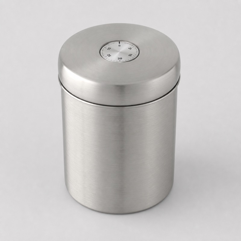 Cylindrical brushed steel canister with a domed lid and a small dial set into the top
