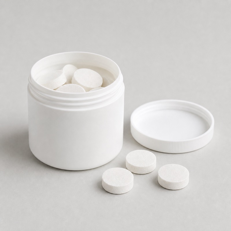Small white tub of round cleaning tablets with a few tablets beside it