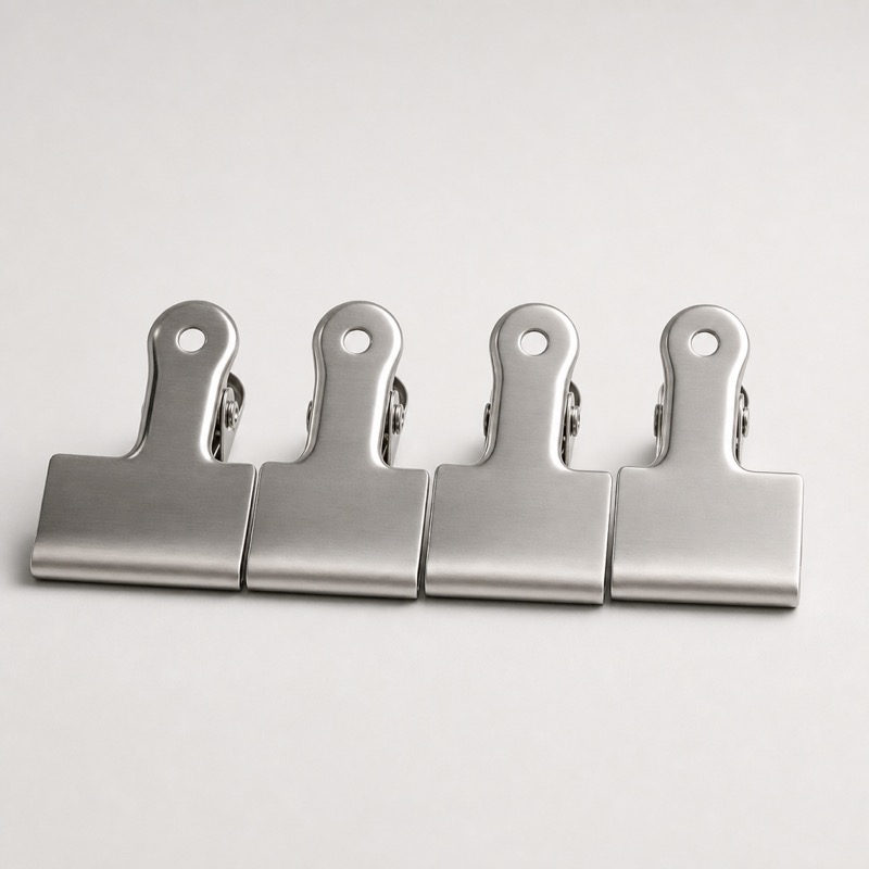 Four stainless steel sprung bag clips lying side by side