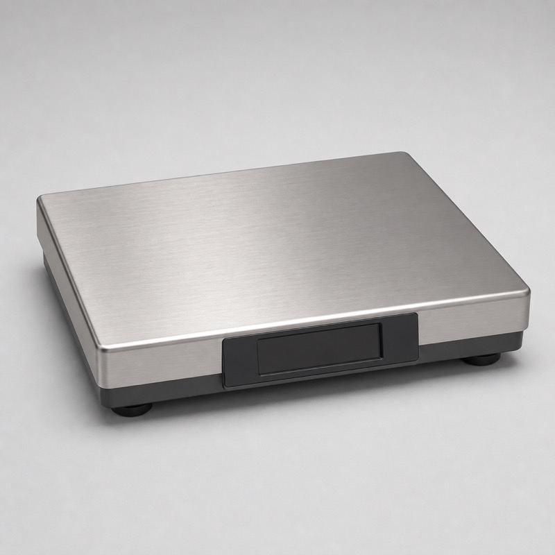 Brushed steel bench scale with a rectangular platform and a small front display
