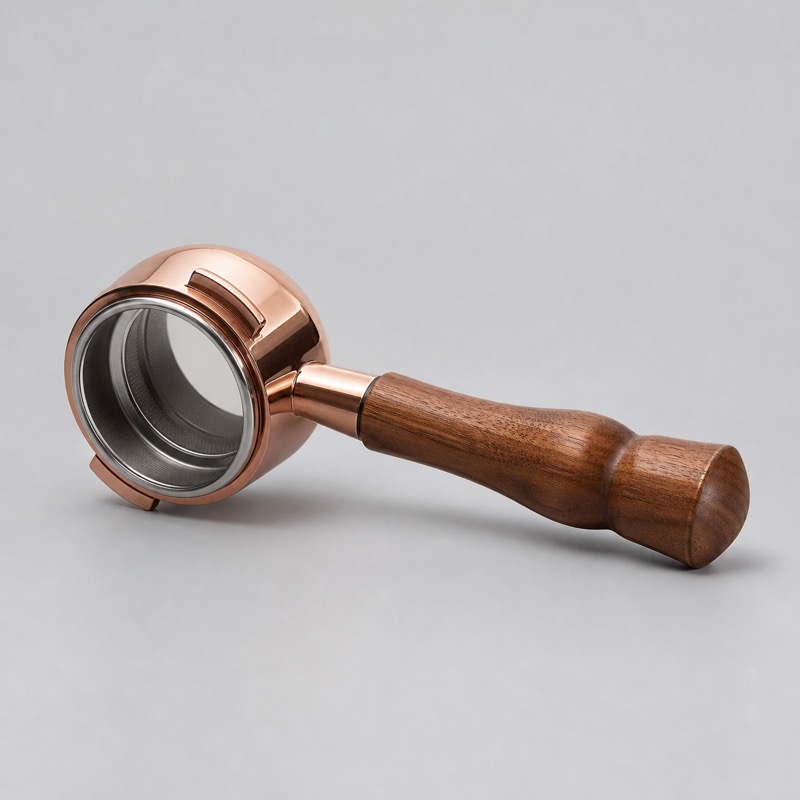 Bottomless portafilter with a copper collar and a wooden handle, seen from below