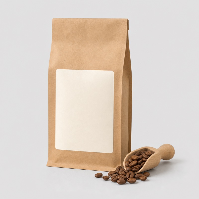 Brown kraft coffee bag with a cream label standing beside a scoop of roasted beans