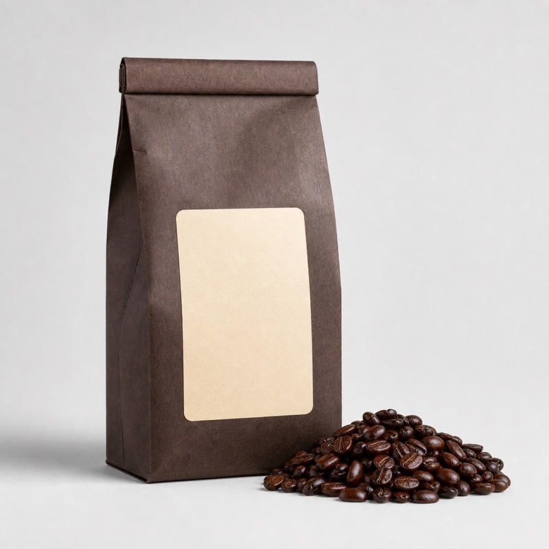 Dark brown coffee bag with a cream label next to a small heap of oily roasted beans