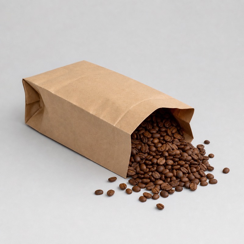 Kraft coffee bag lying on its side with roasted beans spilling from the opening