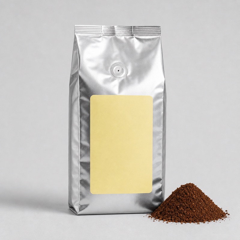 Foil coffee bag with a pale yellow label beside a small heap of medium-coarse ground coffee