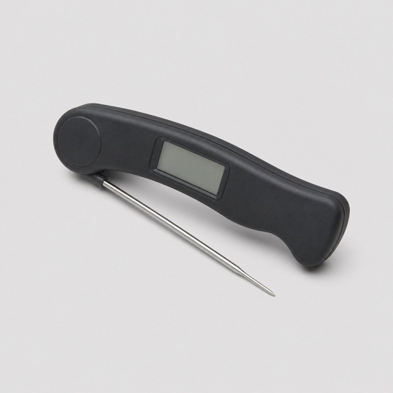 Folding digital thermometer with the steel probe extended and a small display in the handle