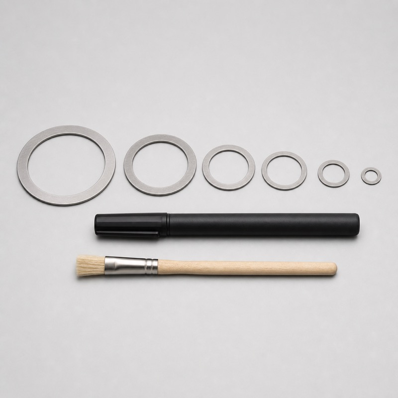 Thin steel shim rings of several sizes laid out beside a marker pen and a small brush