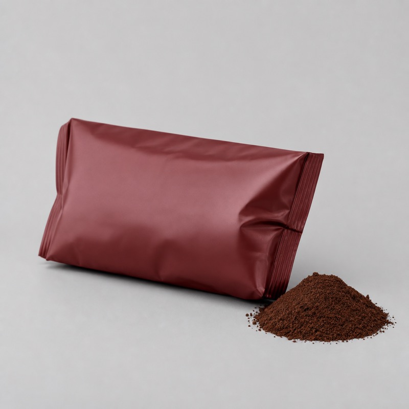 Dark red coffee bag lying on its side beside a small mound of ground coffee