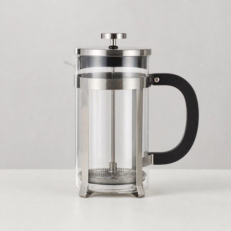 Cafetière à piston en verre avec armature en acier inoxydable