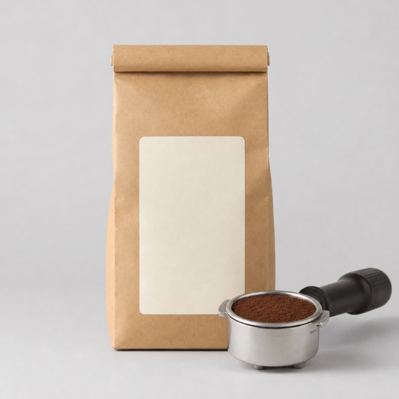 Brown kraft coffee bag with a dark cream label beside a filled portafilter basket of ground coffee