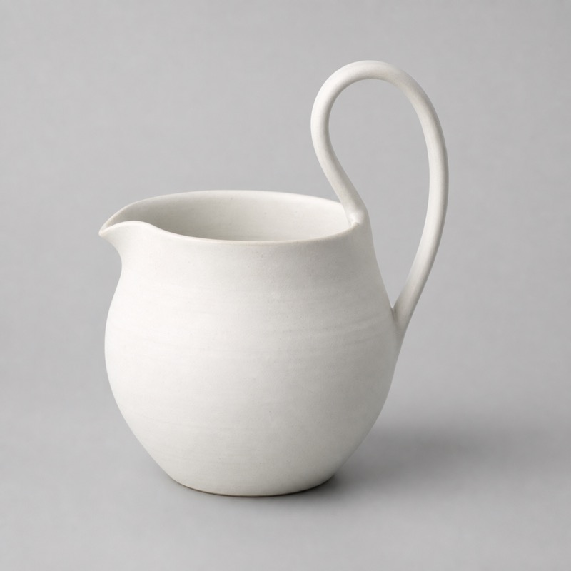 Matt white glazed stoneware coffee server with a high handle and a cut pouring rim