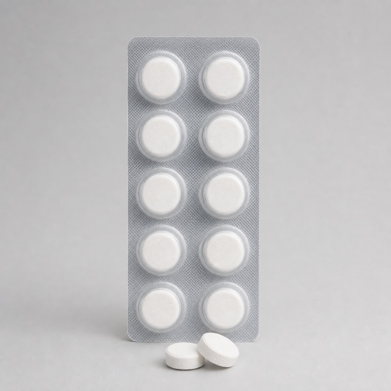 Blister strip of small white cleaning tablets with two loose tablets in front of it
