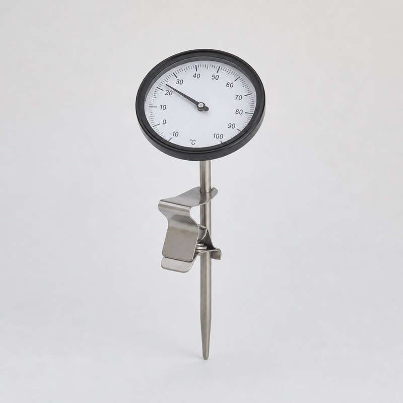 Round black-rimmed dial thermometer with a steel probe and a sprung metal clip on the stem