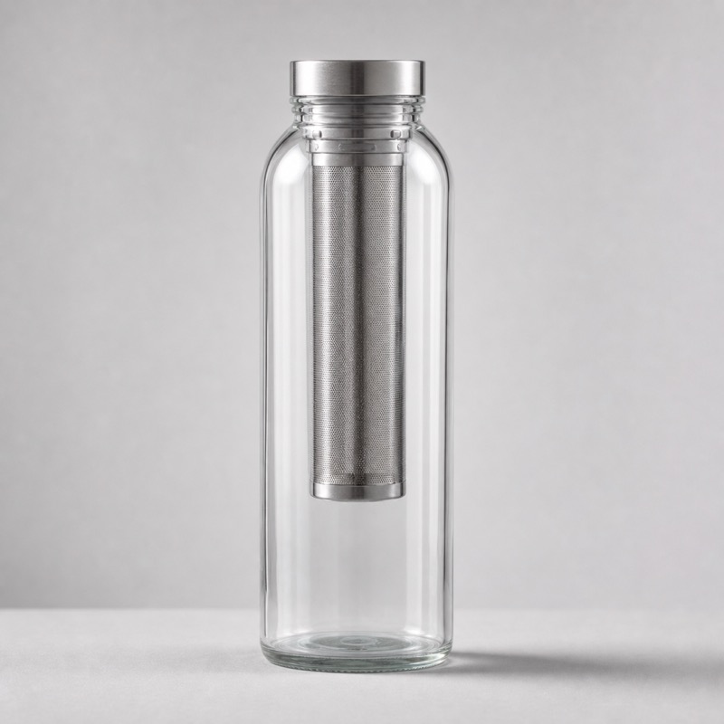 Tall glass bottle with a screw cap and a stainless mesh basket inside