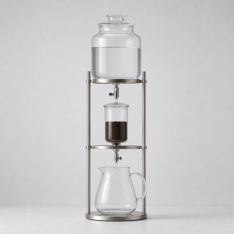 Tall glass cold brew drip tower on a metal stand with a carafe underneath