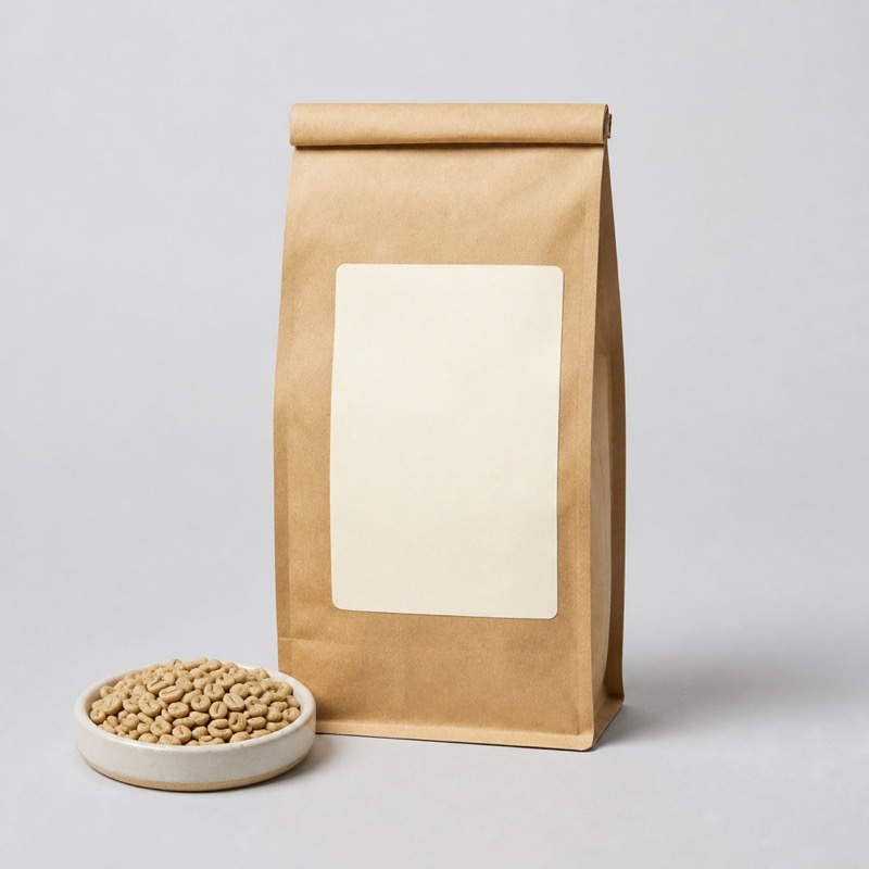 Brown kraft coffee bag with a cream label next to a shallow dish of pale roasted beans