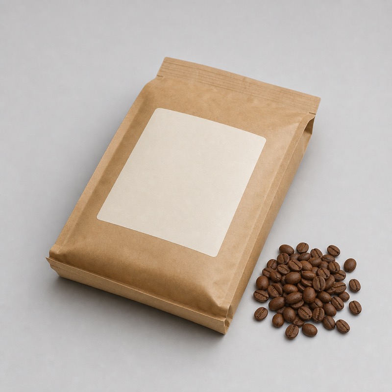 Brown kraft coffee bag with a cream label lying flat next to a small heap of roasted beans