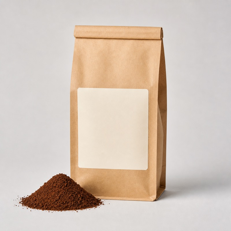 Brown kraft coffee bag with a cream label beside a small mound of ground coffee