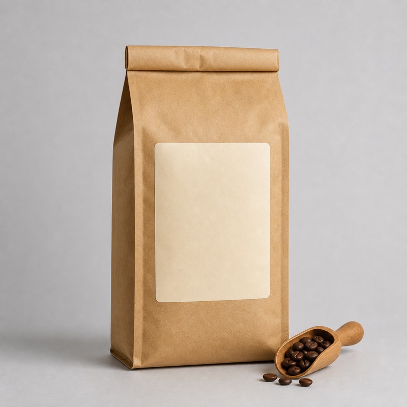 Large brown kraft coffee bag with a cream label beside a scoop of roasted beans