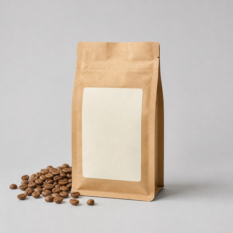 Small brown kraft coffee bag with a cream label standing beside scattered light-roast beans