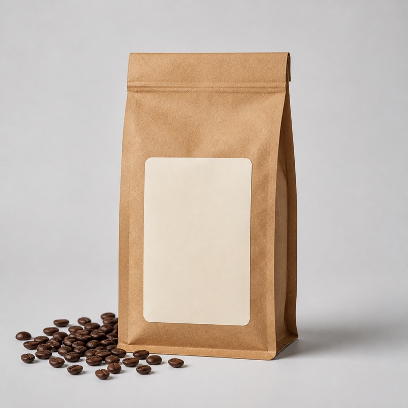 Brown kraft coffee bag with a cream label beside a scattering of dark roasted beans