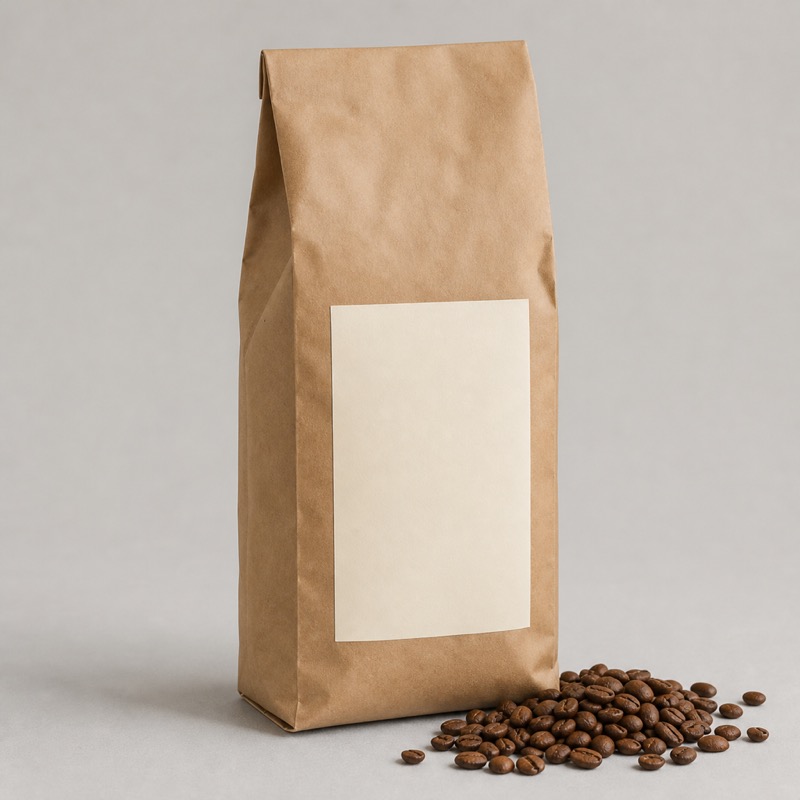 Tall brown kraft coffee bag with a cream label standing upright beside loose roasted beans
