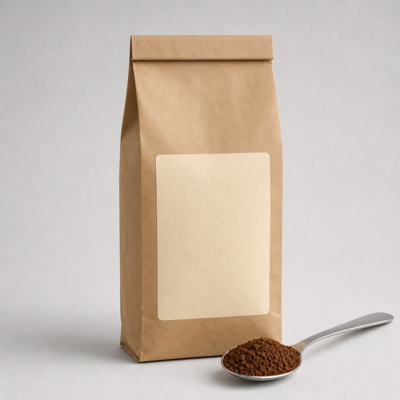 Brown kraft coffee bag with a cream label next to a spoonful of coarse ground coffee