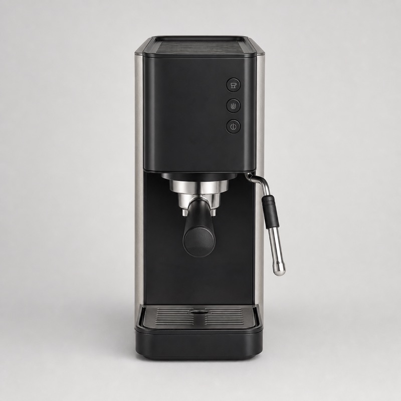 Narrow black and steel espresso machine with a cup tray on top and a portafilter locked in place