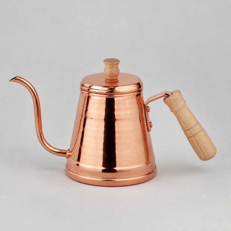 Copper-plated gooseneck kettle with a turned wooden handle