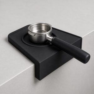 Black silicone corner tamping mat with a portafilter resting in the well