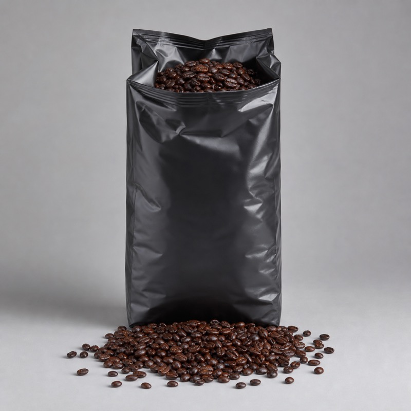 Large black foil coffee bag standing upright with dark oily beans spilling from the open top