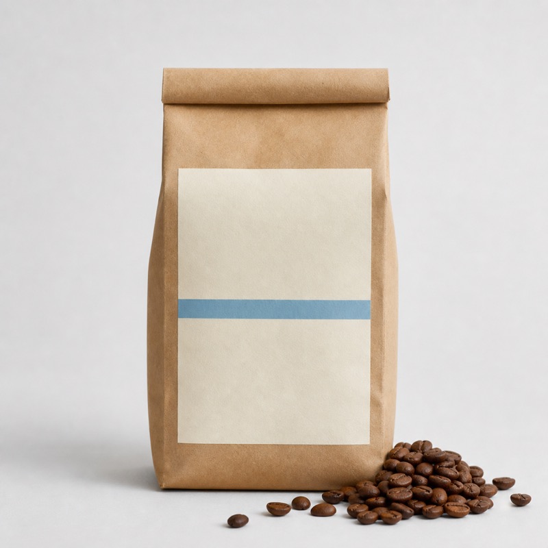 Brown kraft coffee bag with a cream label and a pale blue stripe, beside roasted beans