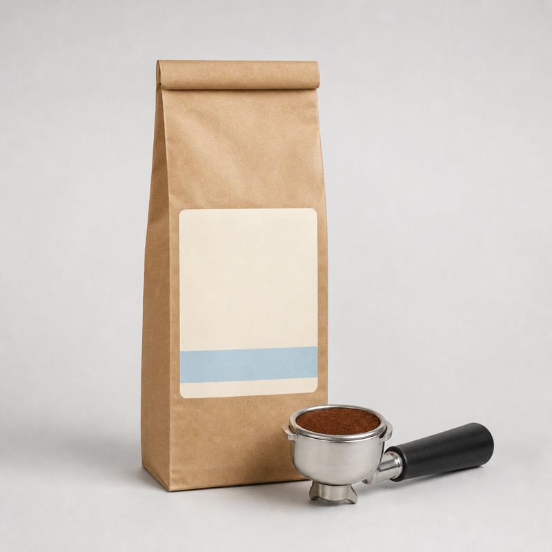 Brown kraft coffee bag with a pale blue stripe on the label, beside a full portafilter