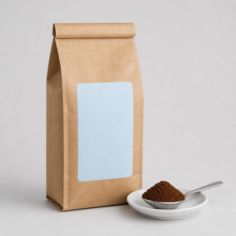 Kraft coffee bag with a pale blue label next to a spoonful of ground coffee on a saucer