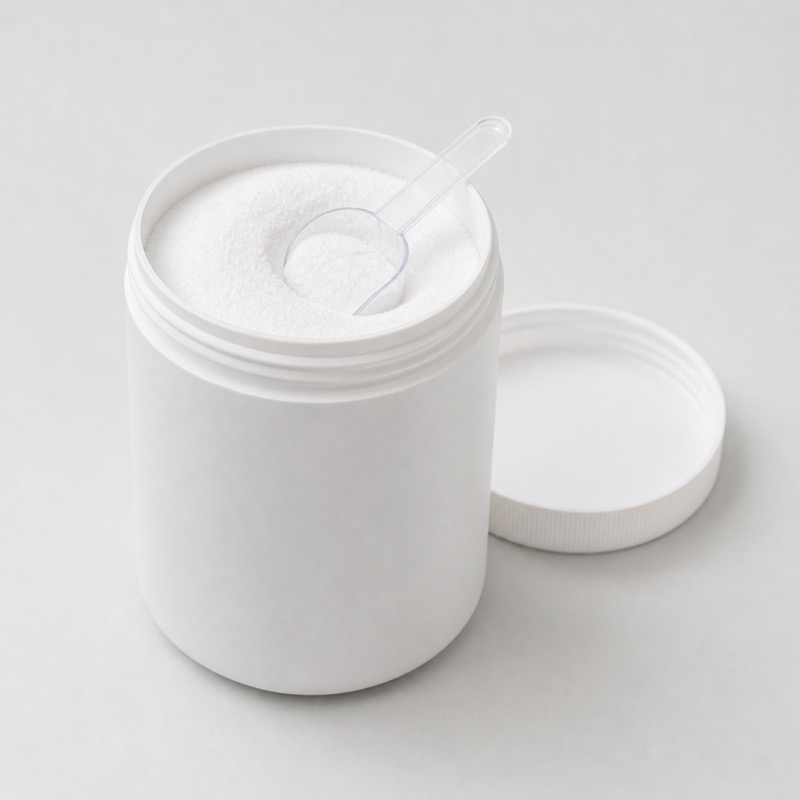 White tub of fine descaling powder with the lid off and a plastic scoop resting in the powder