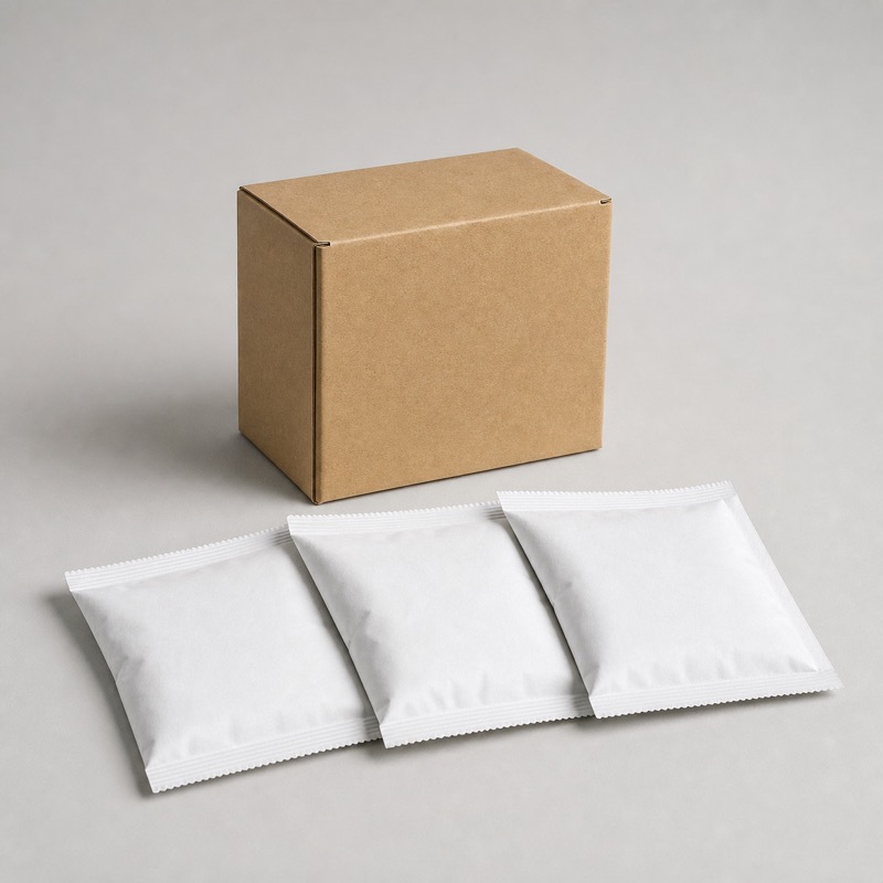 Three white descaling powder sachets laid out in front of their cardboard box