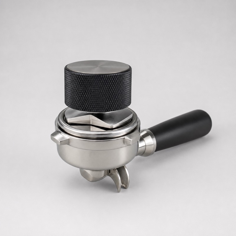 Stainless distribution tool with a black knurled grip, resting on a portafilter basket