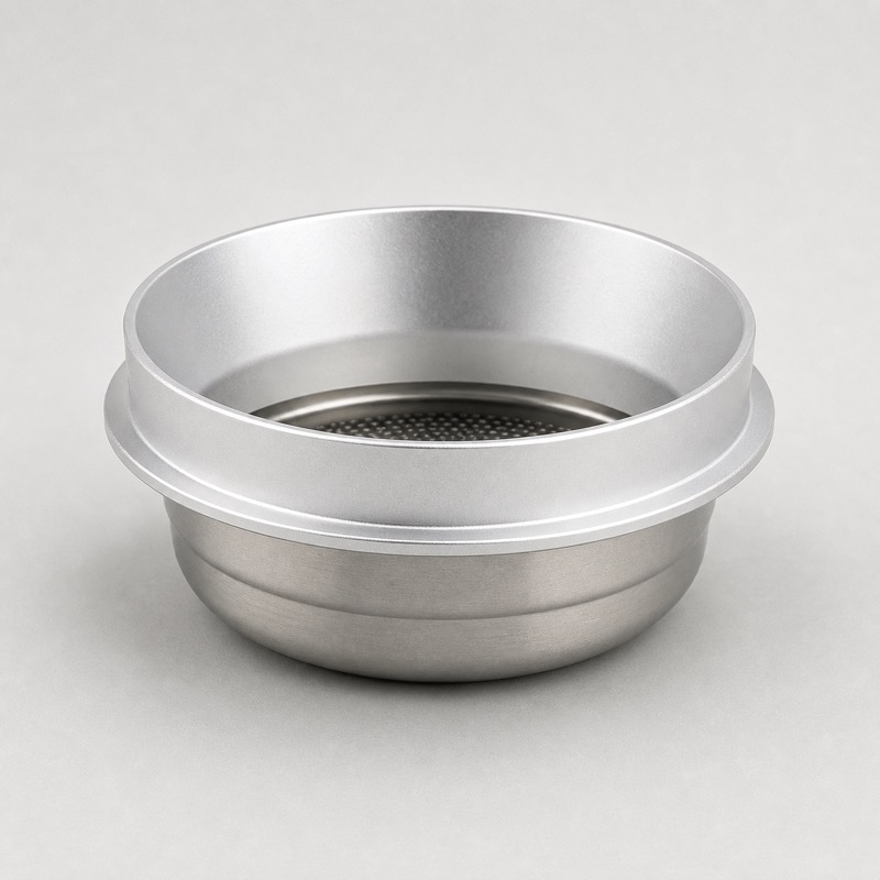 Silver aluminium dosing funnel ring resting on a portafilter basket