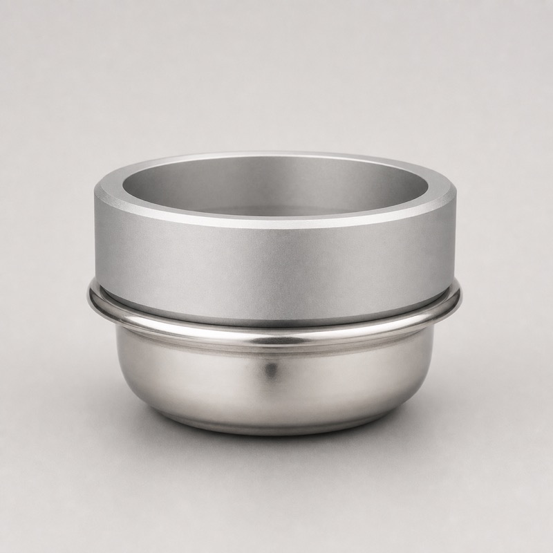 Silver aluminium dosing ring standing on the rim of a portafilter basket