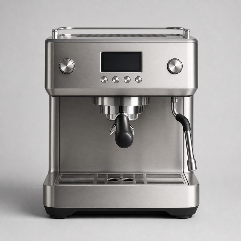 Brushed steel espresso machine with a portafilter in the group, a steam wand on the right and a control panel on the front