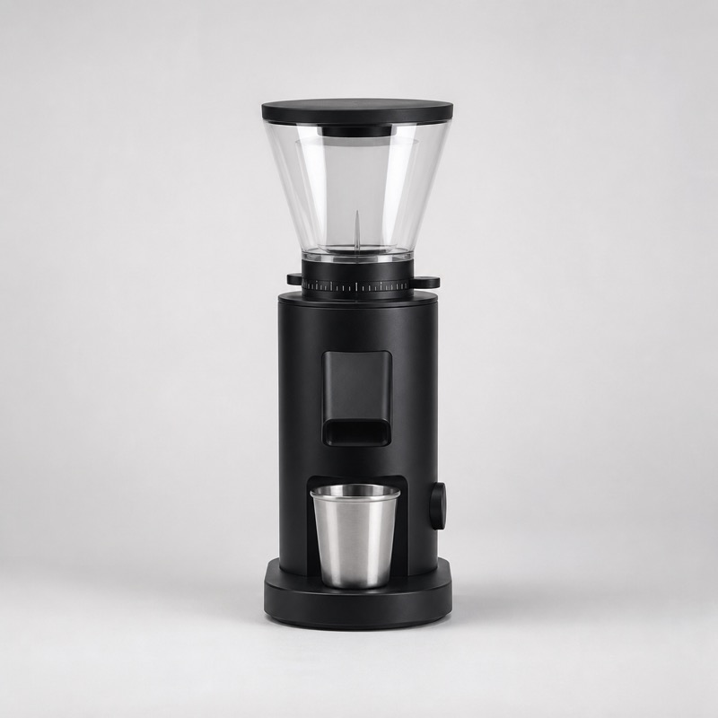 Black flat burr coffee grinder with a dosing cup under the chute