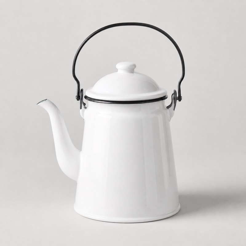 White enamel kettle with a black rim and a curved pouring spout