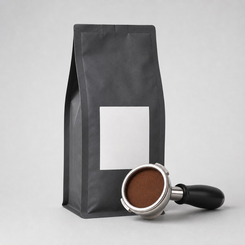 Dark grey coffee bag beside a filled portafilter resting on its side