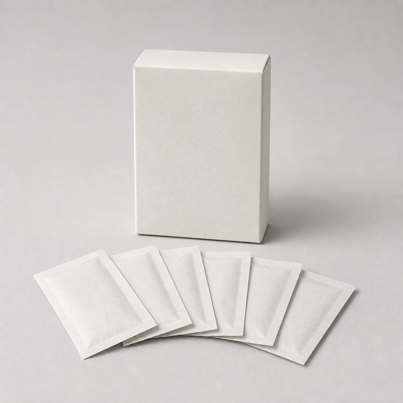Small card box with six white sachets fanned out in front of it