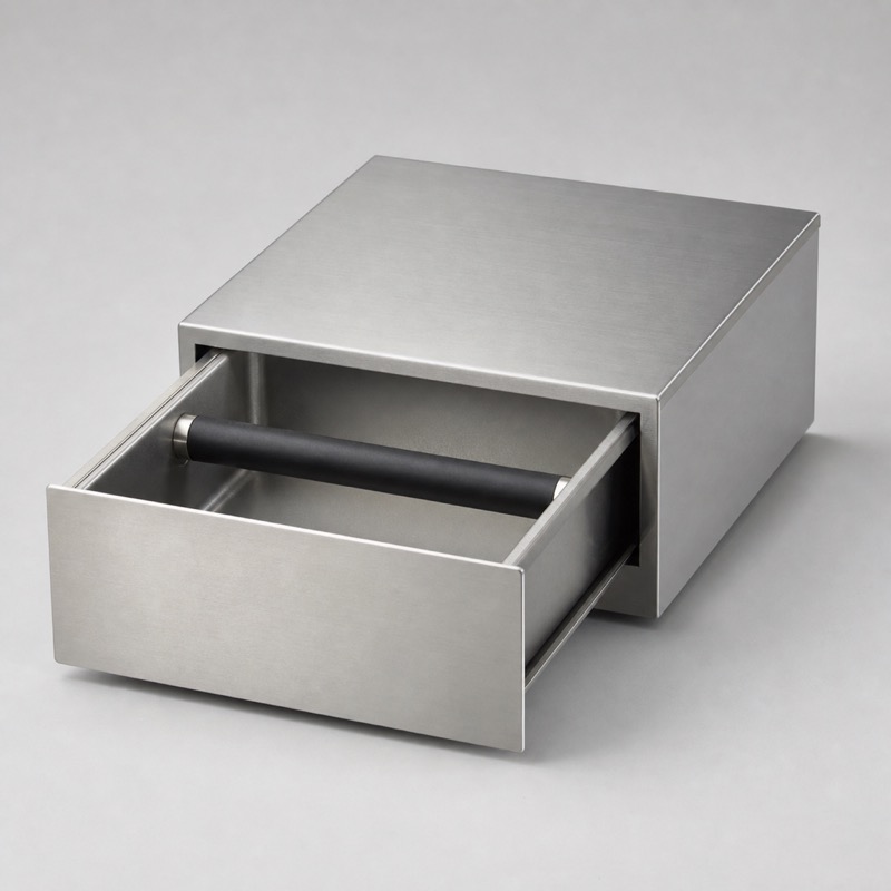 Brushed steel knock drawer with its tray pulled halfway open