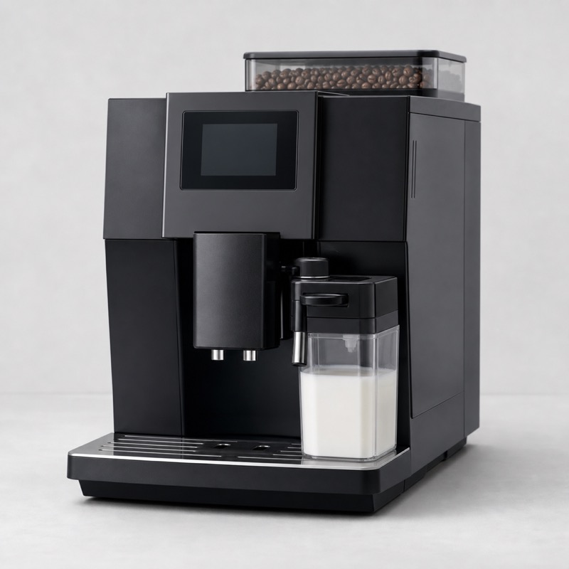 Black super-automatic espresso machine with a milk carafe at its side