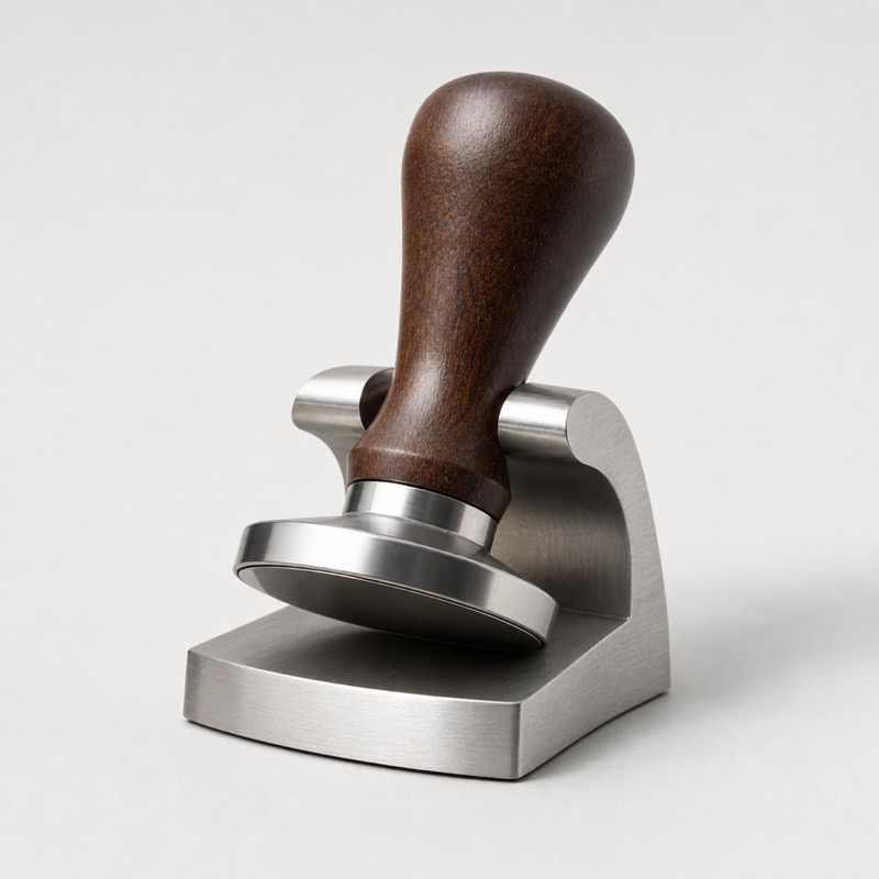 Weighted steel tamper stand holding a tamper at a slight angle
