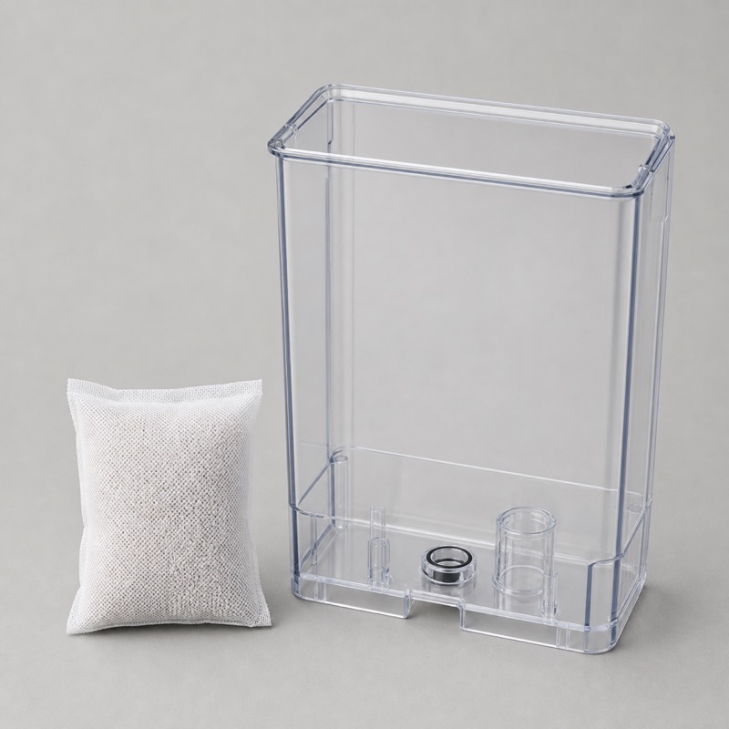 White mesh sachet of water softening resin lying beside an open espresso machine water tank
