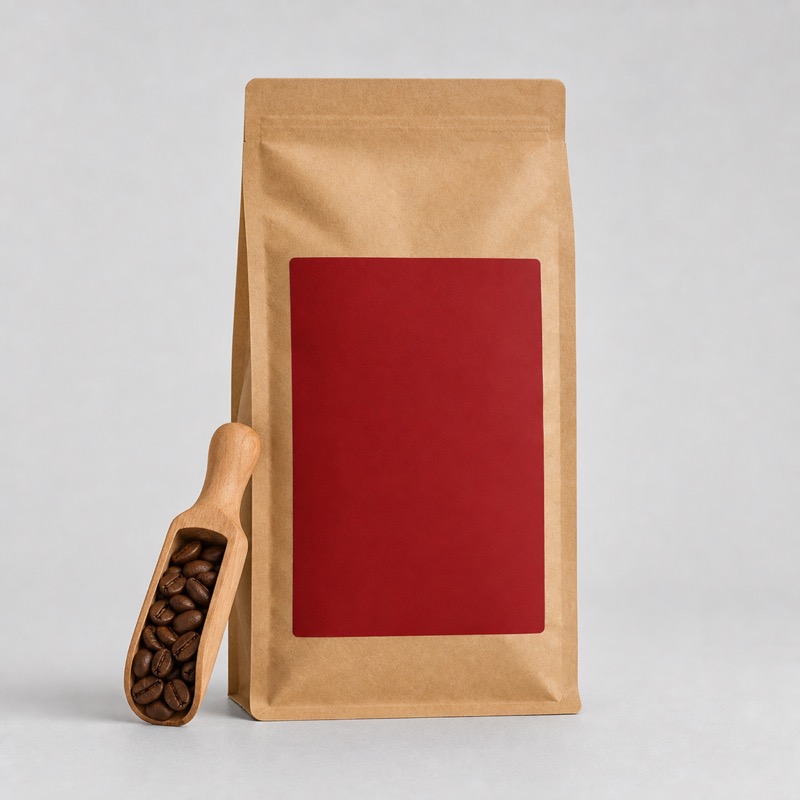 Brown kraft coffee bag with a deep red label and a wooden scoop of beans resting against it